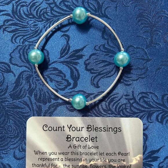 Gift of Love Blessing Bracelet Aqua/pearl stretchy scripture card Small 6"- 6.5" - Picture 1 of 8